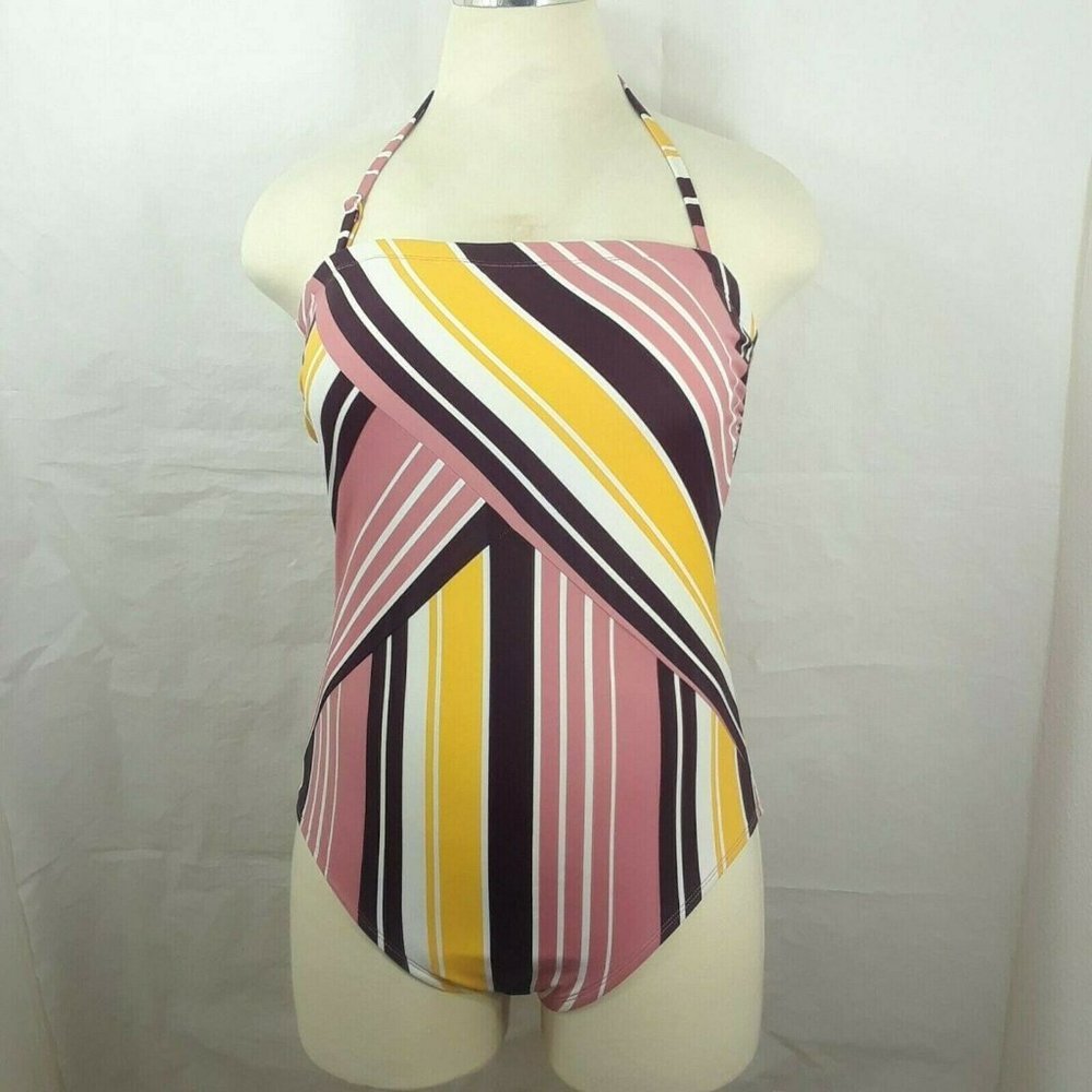 Kona Sol Women Size XL One Piece Swimsuit Stripes Lace Up Halter Padded Beach
